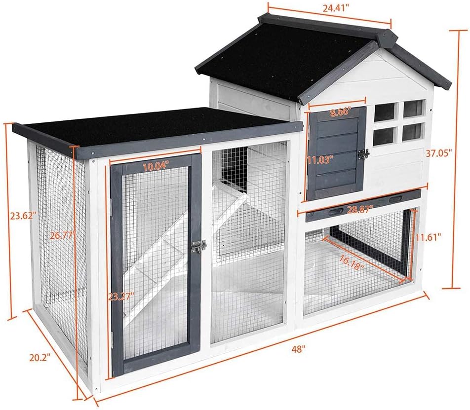 48L Rabbit Hutch Indoor Outdoor Bunny Cage Rabbit Hutch Wood House Pet Cage for Small Animals (Grey/White)