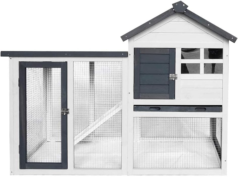 48L Rabbit Hutch Indoor Outdoor Bunny Cage Rabbit Hutch Wood House Pet Cage for Small Animals (Grey/White)