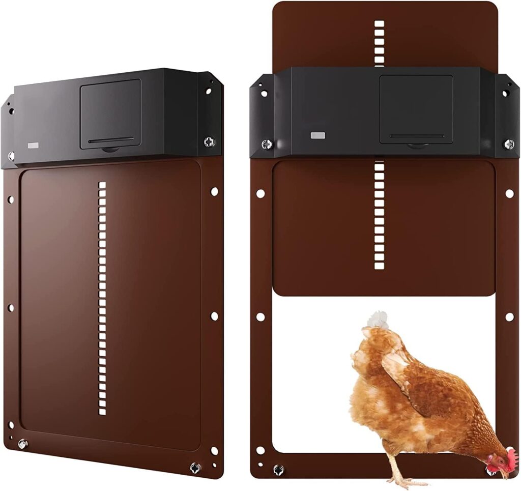 Automatic Chicken Coop Door Water Resistant Upgraded Chicken Door Opener Light Sensing Chicken Coop Door Coop Door Battery Powered Automatic On and Off (Brown)