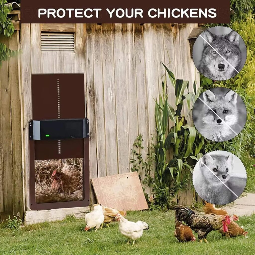 Automatic Chicken Coop Door Water Resistant Upgraded Chicken Door Opener Light Sensing Chicken Coop Door Coop Door Battery Powered Automatic On and Off (Brown)