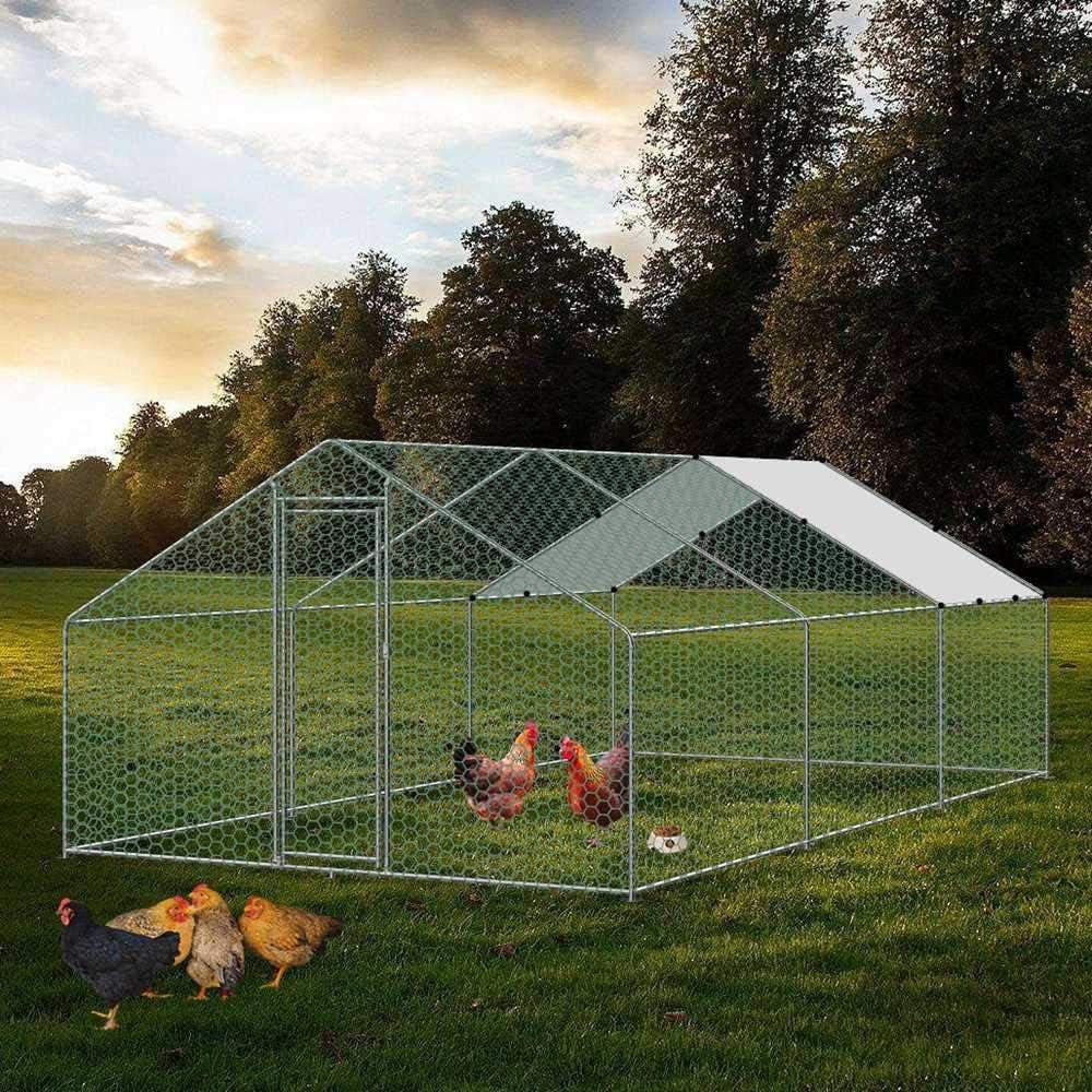 Fegherug Large Metal Chicken Coop, Walk-in Poultry Cage Galvanized Hen Playpen House with Cover and Lockable Door for Outdoor, Backyard Farm, Silver