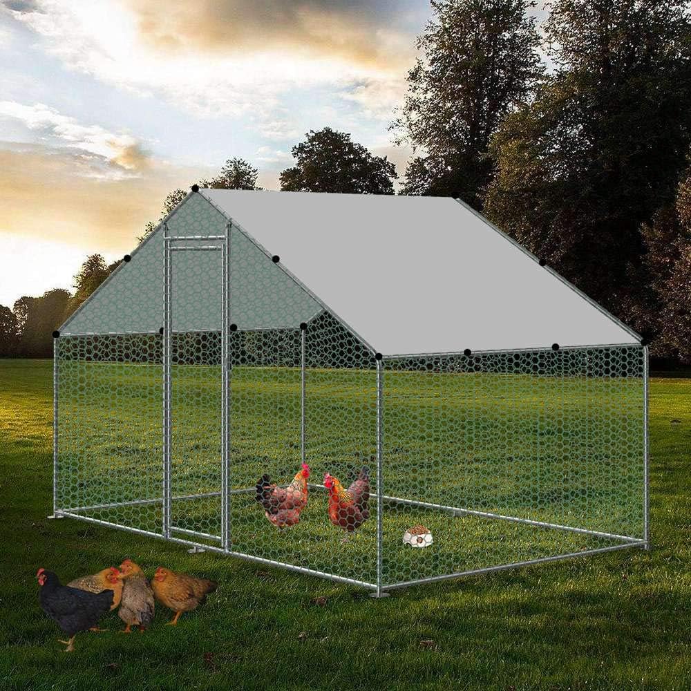 Large Chicken Coop Walk-in Metal Poultry Cage House Rabbits Habitat Cage Spire Shaped Coop with Waterproof and Anti-Ultraviolet Cover for Outdoor Backyard Farm Use (6.56 L x 9.8 W x 6.56 H)