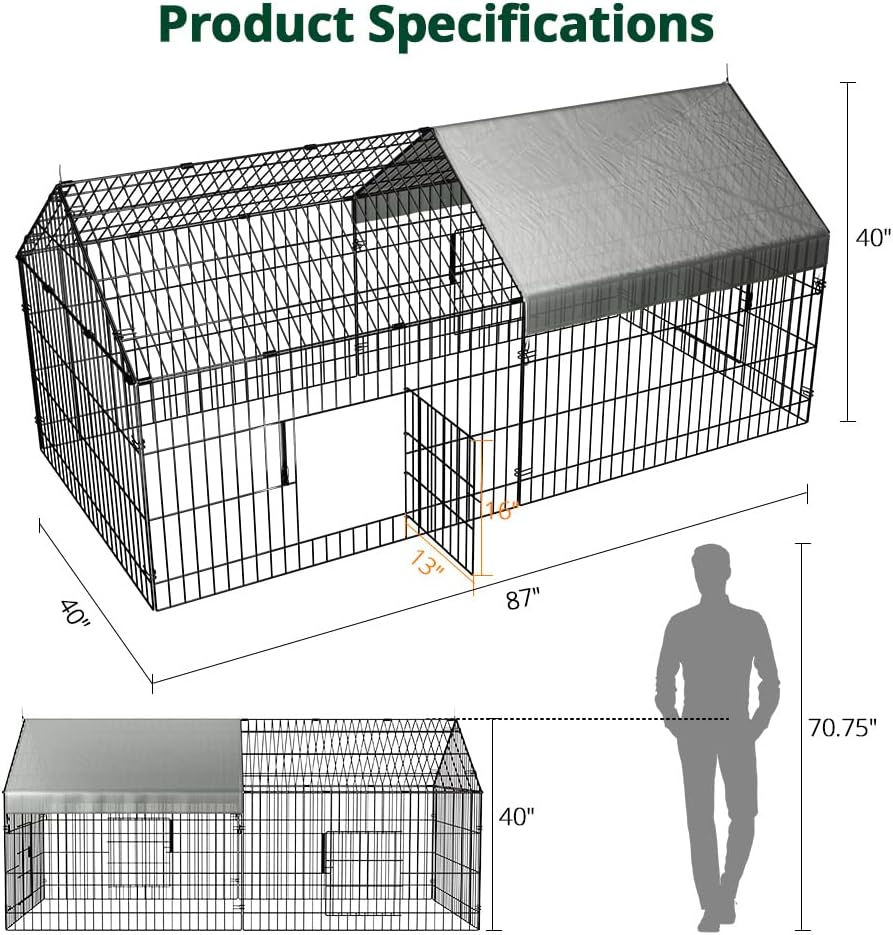 PawGiant Chicken Coop 86×40 Chicken Run Pen for Yard with Cover Outdoor Metal Portable Chicken Tractor Cage Enclosure Crate Outside for Small Animals Duck Rabbit Hen