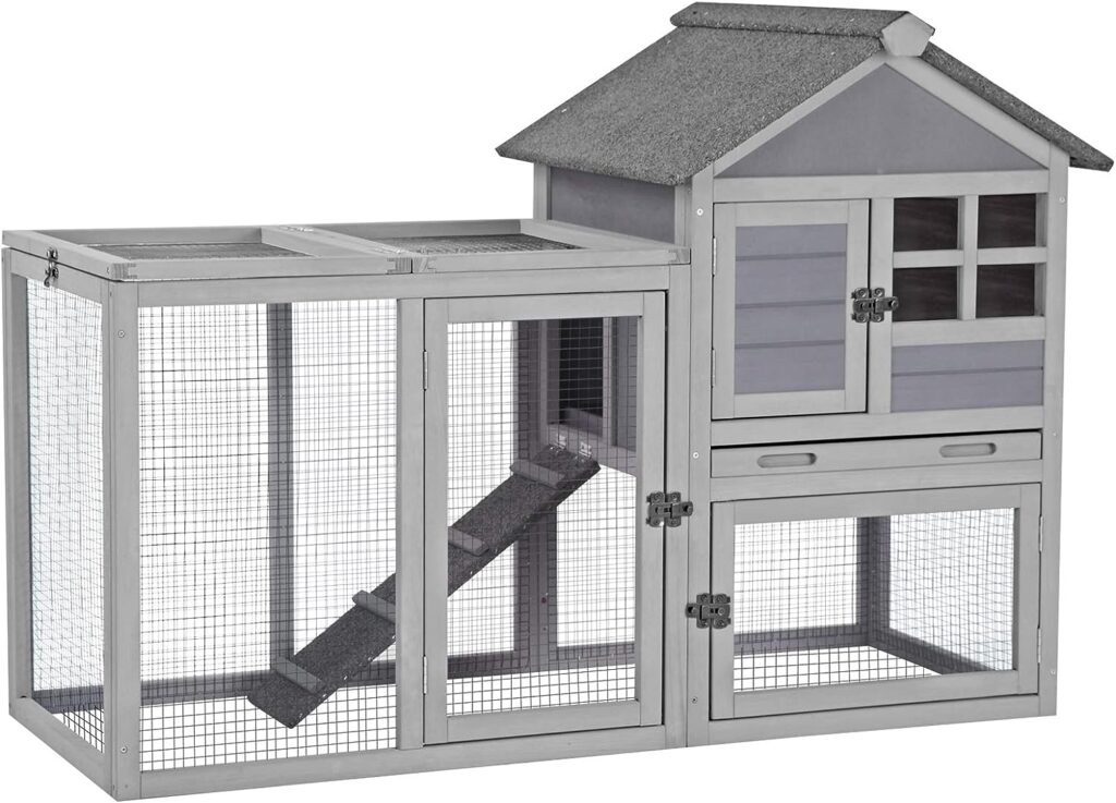 Aivituvin 51.6L Rabbit Hutch Outdoor Chicken Coop Indoor Bunny Cage with Run,Guinea Pig House Pull Out Upper Tray (51.6 L x 25.2 W x 36.2 H, Grey-1 Set)