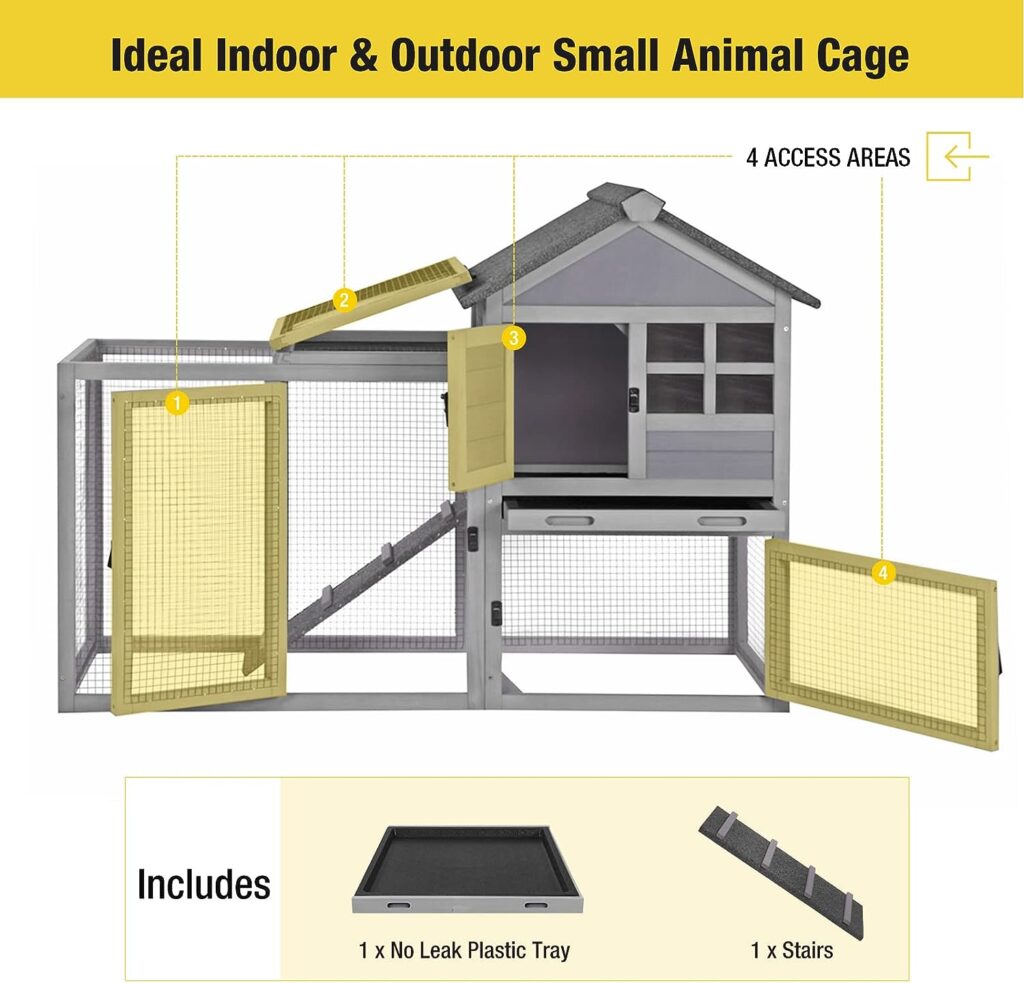 Aivituvin 51.6L Rabbit Hutch Outdoor Chicken Coop Indoor Bunny Cage with Run,Guinea Pig House Pull Out Upper Tray (51.6 L x 25.2 W x 36.2 H, Grey-1 Set)