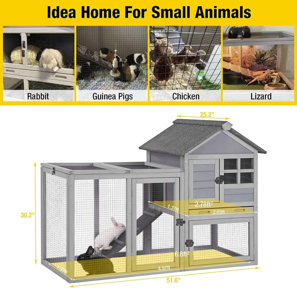 Aivituvin 51.6L Rabbit Hutch Outdoor Chicken Coop Indoor Bunny Cage with Run,Guinea Pig House Pull Out Upper Tray (51.6 L x 25.2 W x 36.2 H, Grey-1 Set)
