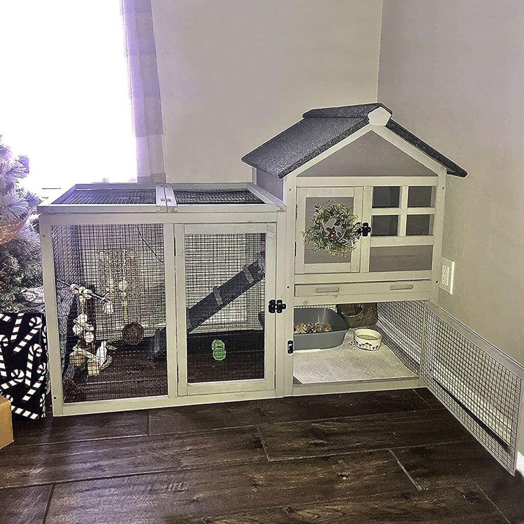 Aivituvin 51.6L Rabbit Hutch Outdoor Chicken Coop Indoor Bunny Cage with Run,Guinea Pig House Pull Out Upper Tray (51.6 L x 25.2 W x 36.2 H, Grey-1 Set)