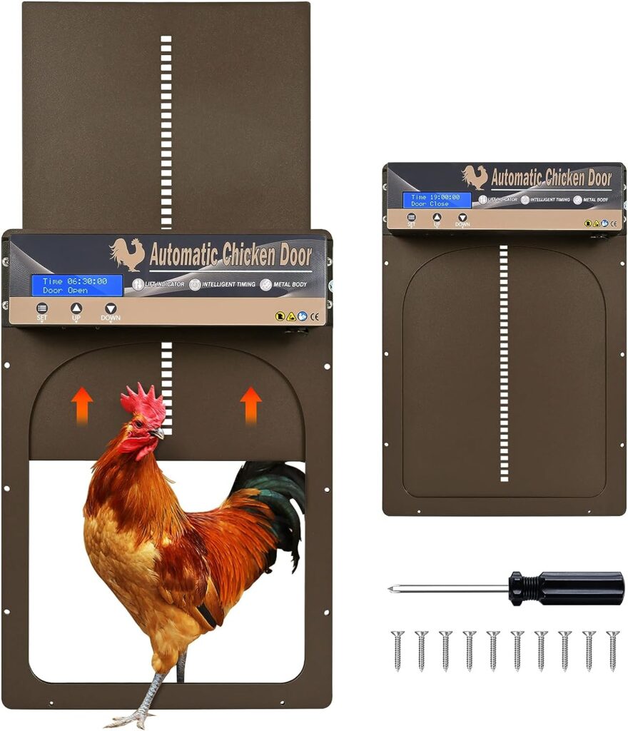 Automatic Chicken Coop Door Opener with Timer Upgraded Automatic Electric Chicken Coop Door Auto Chicken Coop Door Opener Battery Powered LCD Screen Aluminum Door Weatherproof Chicken Coop Accessories