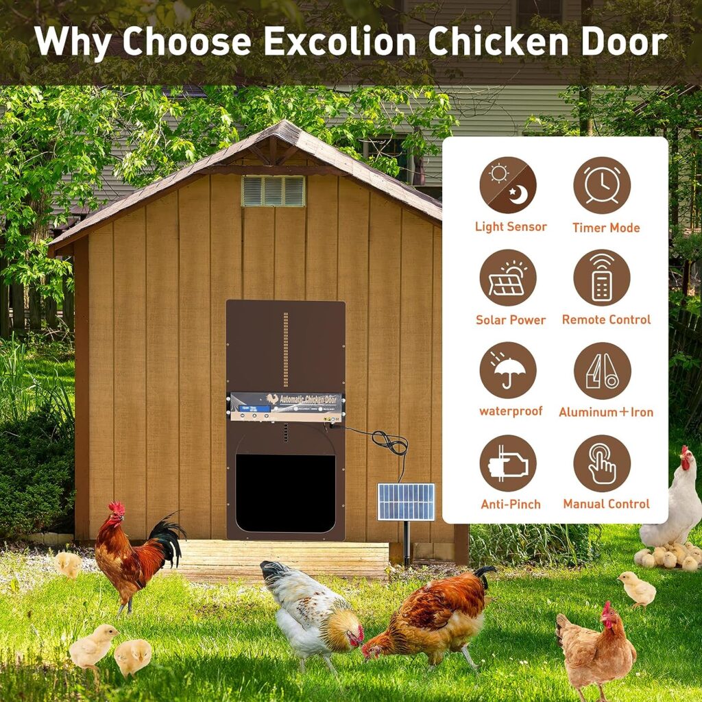 Automatic Chicken Coop Door Solar Powered, excolion Anti-Pinch Chicken Coop Door with TimeLight Sensor, Weatherproof Aluminum Automatic Chicken Door with Remote Control, 4 Modes Auto Chicken Door