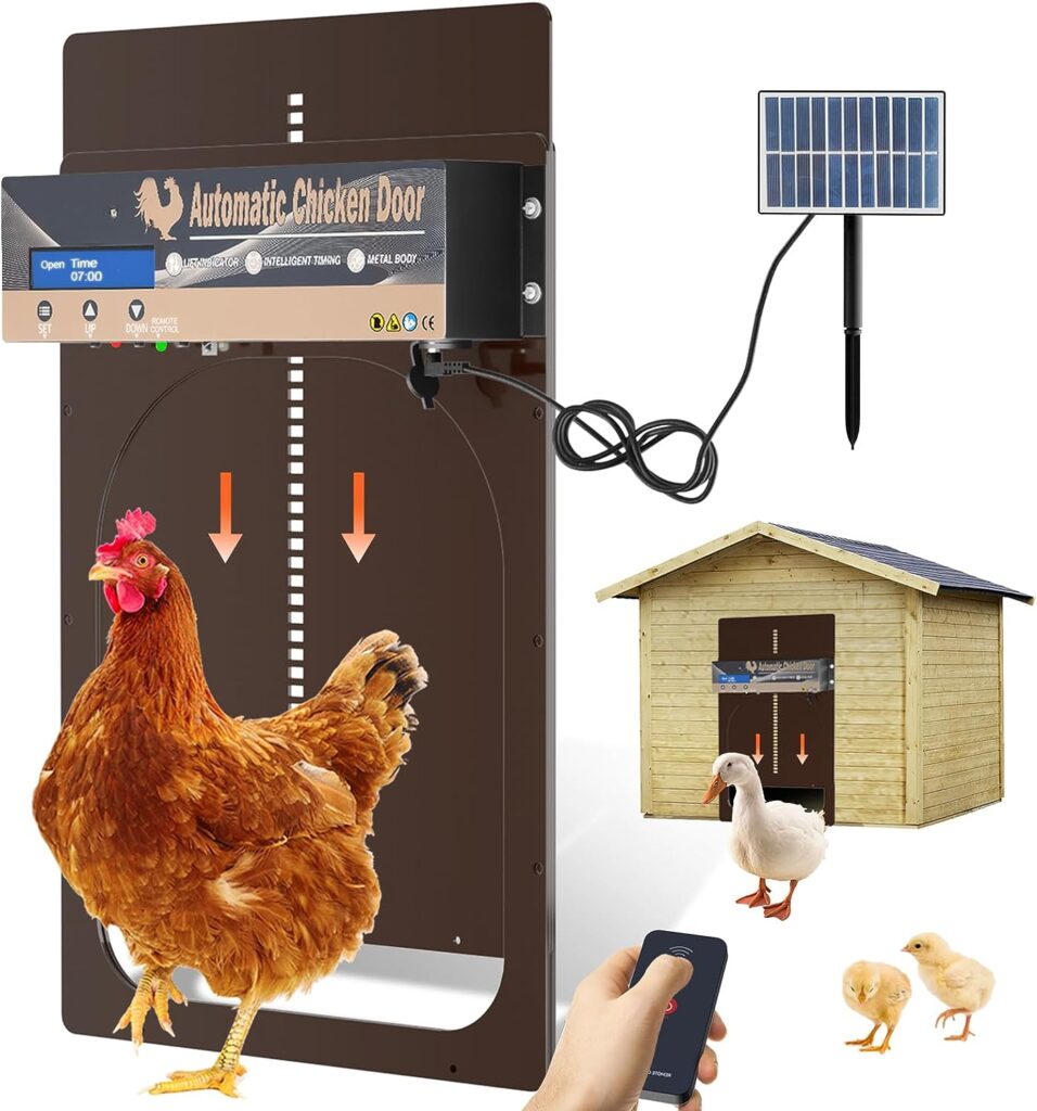 Automatic Chicken Coop Door Solar Powered, excolion Anti-Pinch Chicken Coop Door with TimeLight Sensor, Weatherproof Aluminum Automatic Chicken Door with Remote Control, 4 Modes Auto Chicken Door