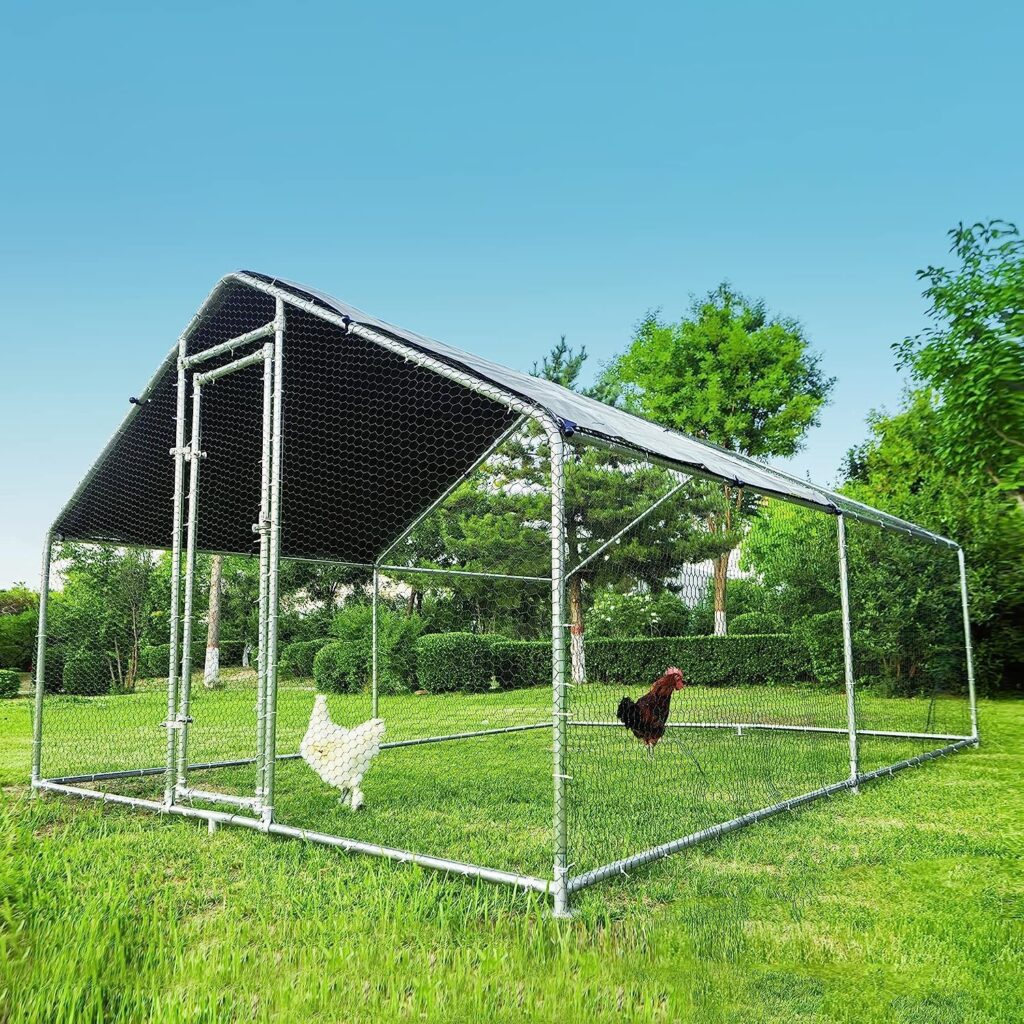 HITTITE Chicken Coop Run Large Metal Chicken Coop, Outdoor Walk in Chicken Coop Cage, Heavy Duty Spire Shaped Duck Chicken Hen House Outdoor Chicken Pen with Waterproof  Anti-UV Cover