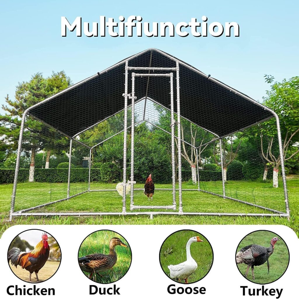 HITTITE Chicken Coop Run Large Metal Chicken Coop, Outdoor Walk in Chicken Coop Cage, Heavy Duty Spire Shaped Duck Chicken Hen House Outdoor Chicken Pen with Waterproof  Anti-UV Cover