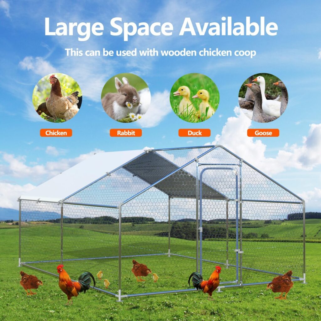 Large Metal Chicken Coop Walk-in Poultry Cage Chicken Run Pen Dog Kennel Duck House with Waterproof and Anti-Ultraviolet Cover for Outdoor Farm Use(9.8 L x 13.1 W x 6.4 H)