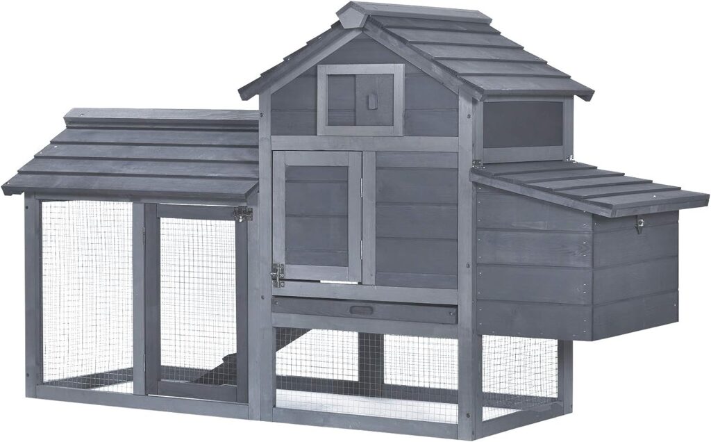 PawHut 59 Small Wooden Chicken coop Hen House Poultry Cage for Outdoor Backyard with 2 Doors, Nesting Box and Removable Tray, Grey