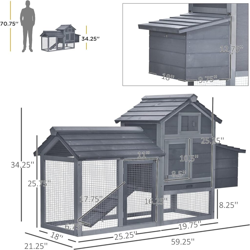 PawHut 59 Small Wooden Chicken coop Hen House Poultry Cage for Outdoor Backyard with 2 Doors, Nesting Box and Removable Tray, Grey