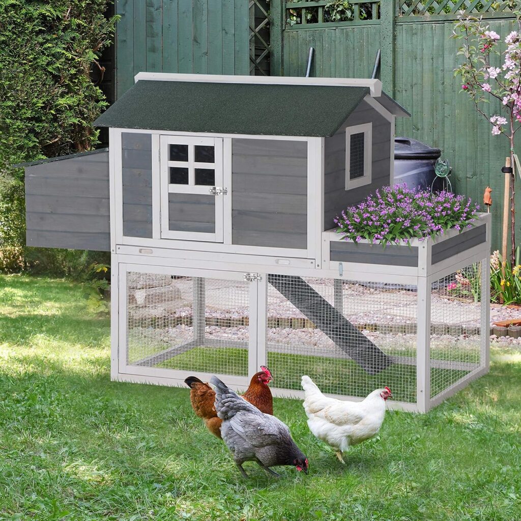 PawHut 63 Wooden Chicken Coop Hen House Poultry Cage for Outdoor Backyard with Raised Garden Bed, Run Area, Nesting Box and Removable Tray, Grey