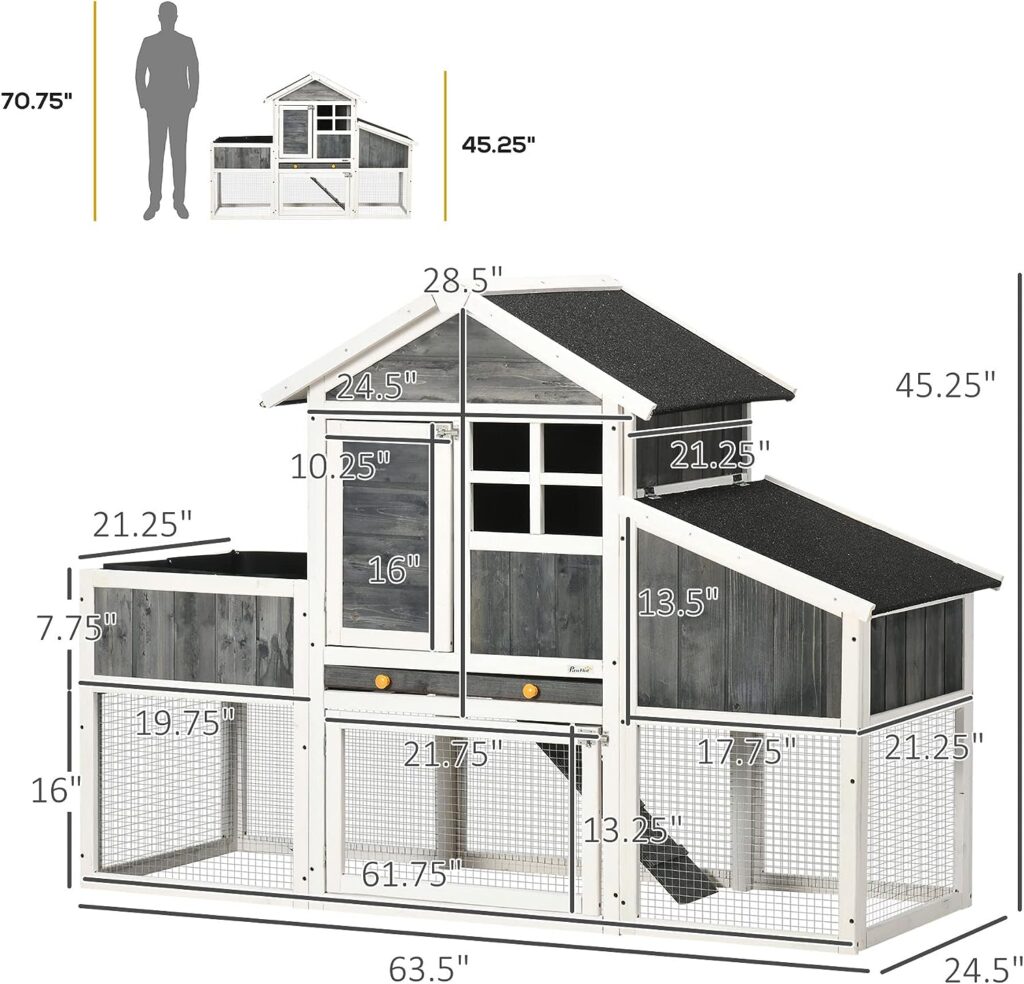 PawHut 63 Wooden Chicken Coop with Garden Bed, Small Outdoor Hen House with Nesting Box Removable Tray, Ramps Run, for Garden Backyard, Storm Gray