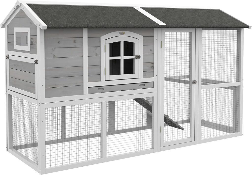 PawHut Wooden Chicken Coop with Run for 3-4 Chickens, Hen House with Nesting Box, Removable Tray, Outdoor Poultry Cage, 77.5 x 32.5 x 46, Light Gray