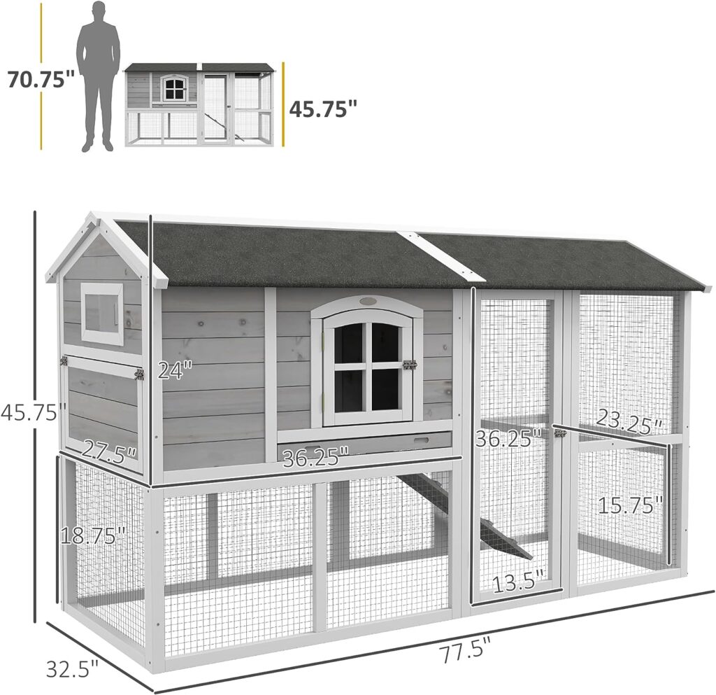 PawHut Wooden Chicken Coop with Run for 3-4 Chickens, Hen House with Nesting Box, Removable Tray, Outdoor Poultry Cage, 77.5 x 32.5 x 46, Light Gray