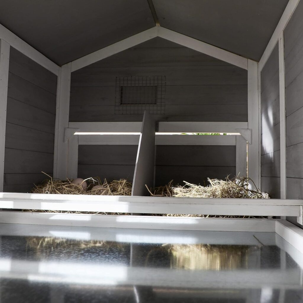 PawHut Wooden Chicken Coop with Run for 3-4 Chickens, Hen House with Nesting Box, Removable Tray, Outdoor Poultry Cage, 77.5 x 32.5 x 46, Light Gray