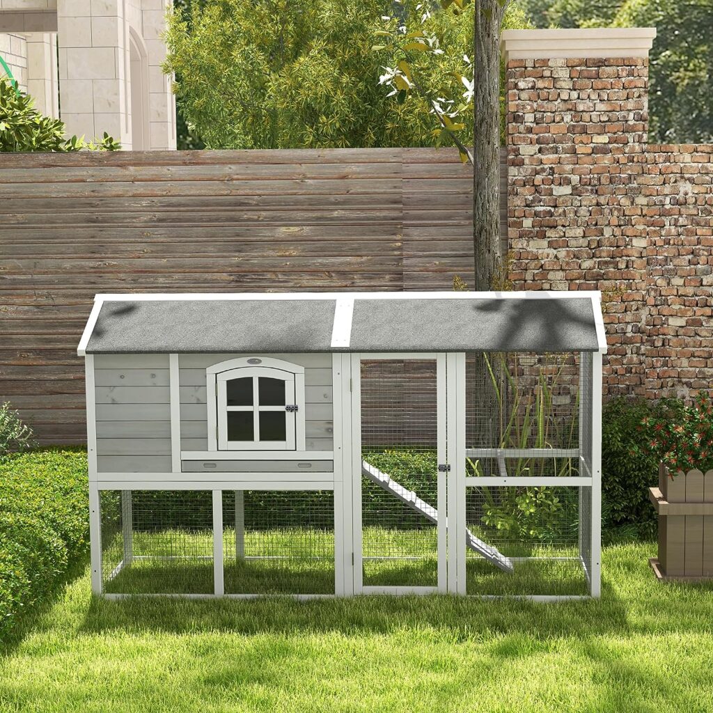 PawHut Wooden Chicken Coop with Run for 3-4 Chickens, Hen House with Nesting Box, Removable Tray, Outdoor Poultry Cage, 77.5 x 32.5 x 46, Light Gray