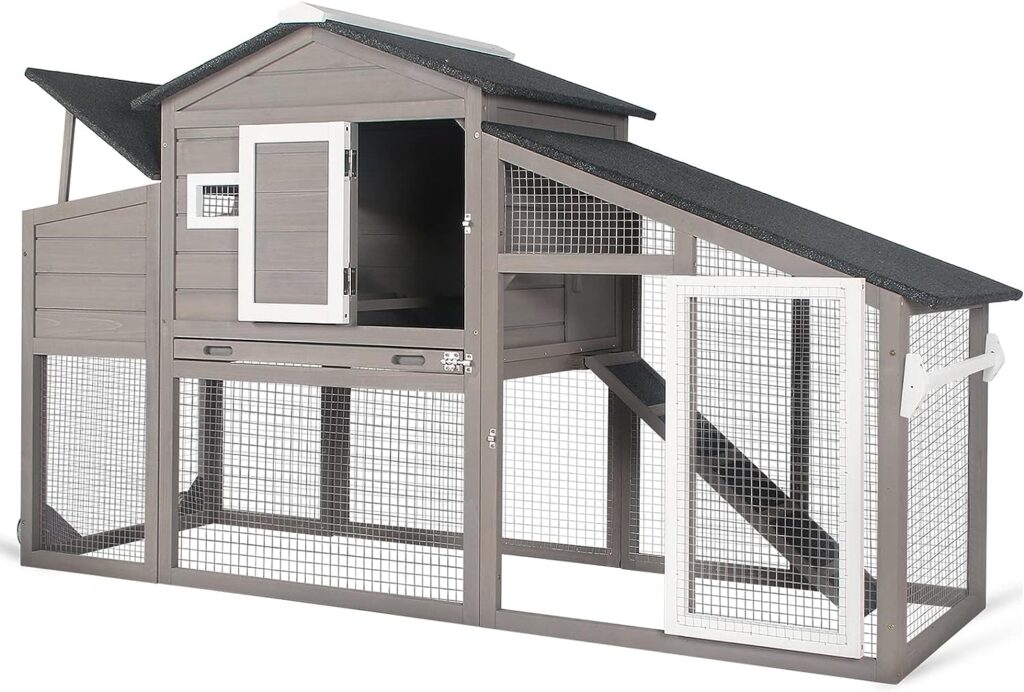 PetsCosset Chicken Coop Wooden Backyard Hen House - Indoor Outdoor for 2-3 Chickens, 2 Story Poultry Cage with Run, Chicken Nesting Box, Pull Out Trays and Anti-Slip Asphalt Ramp