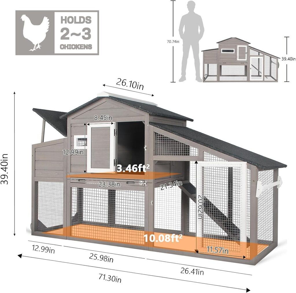 PetsCosset Chicken Coop Wooden Backyard Hen House - Indoor Outdoor for 2-3 Chickens, 2 Story Poultry Cage with Run, Chicken Nesting Box, Pull Out Trays and Anti-Slip Asphalt Ramp