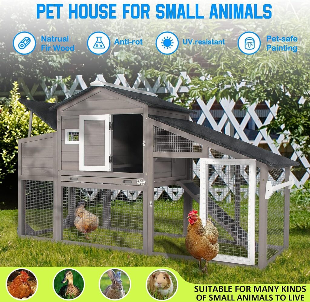 PetsCosset Chicken Coop Wooden Backyard Hen House - Indoor Outdoor for 2-3 Chickens, 2 Story Poultry Cage with Run, Chicken Nesting Box, Pull Out Trays and Anti-Slip Asphalt Ramp