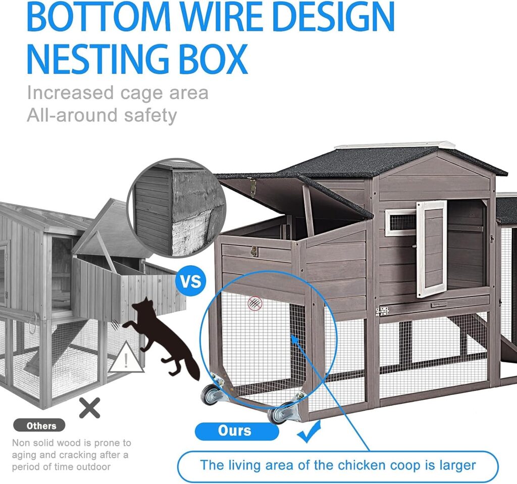 PetsCosset Chicken Coop Wooden Backyard Hen House - Indoor Outdoor for 2-3 Chickens, 2 Story Poultry Cage with Run, Chicken Nesting Box, Pull Out Trays and Anti-Slip Asphalt Ramp