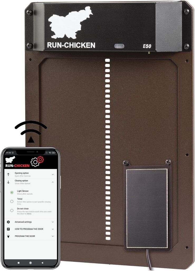 RUN-CHICKEN Solar Chicken Coop Door (Brown) Automatic Chicken Coop Door with Timer, Programmable, Battery Powered Coop Door, Chicken Door Opener, Aluminum Coop Door, Coop Control, Model E50