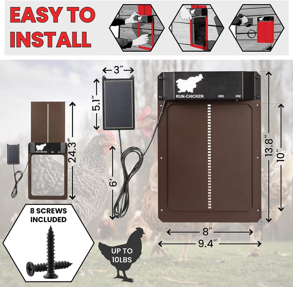 RUN-CHICKEN Solar Chicken Coop Door (Brown) Automatic Chicken Coop Door with Timer, Programmable, Battery Powered Coop Door, Chicken Door Opener, Aluminum Coop Door, Coop Control, Model E50