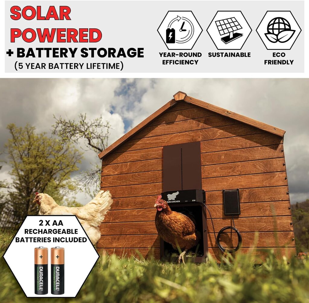 RUN-CHICKEN Solar Chicken Coop Door (Brown) Automatic Chicken Coop Door with Timer, Programmable, Battery Powered Coop Door, Chicken Door Opener, Aluminum Coop Door, Coop Control, Model E50