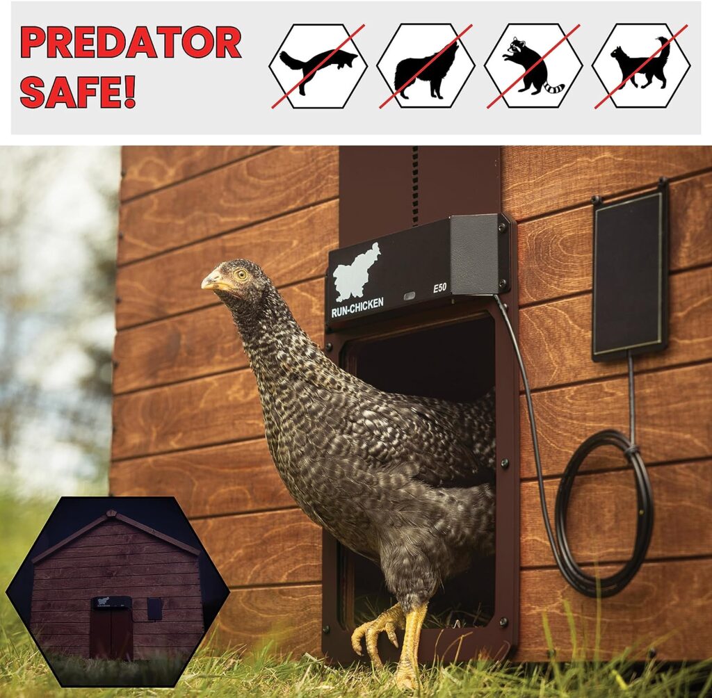 RUN-CHICKEN Solar Chicken Coop Door (Brown) Automatic Chicken Coop Door with Timer, Programmable, Battery Powered Coop Door, Chicken Door Opener, Aluminum Coop Door, Coop Control, Model E50