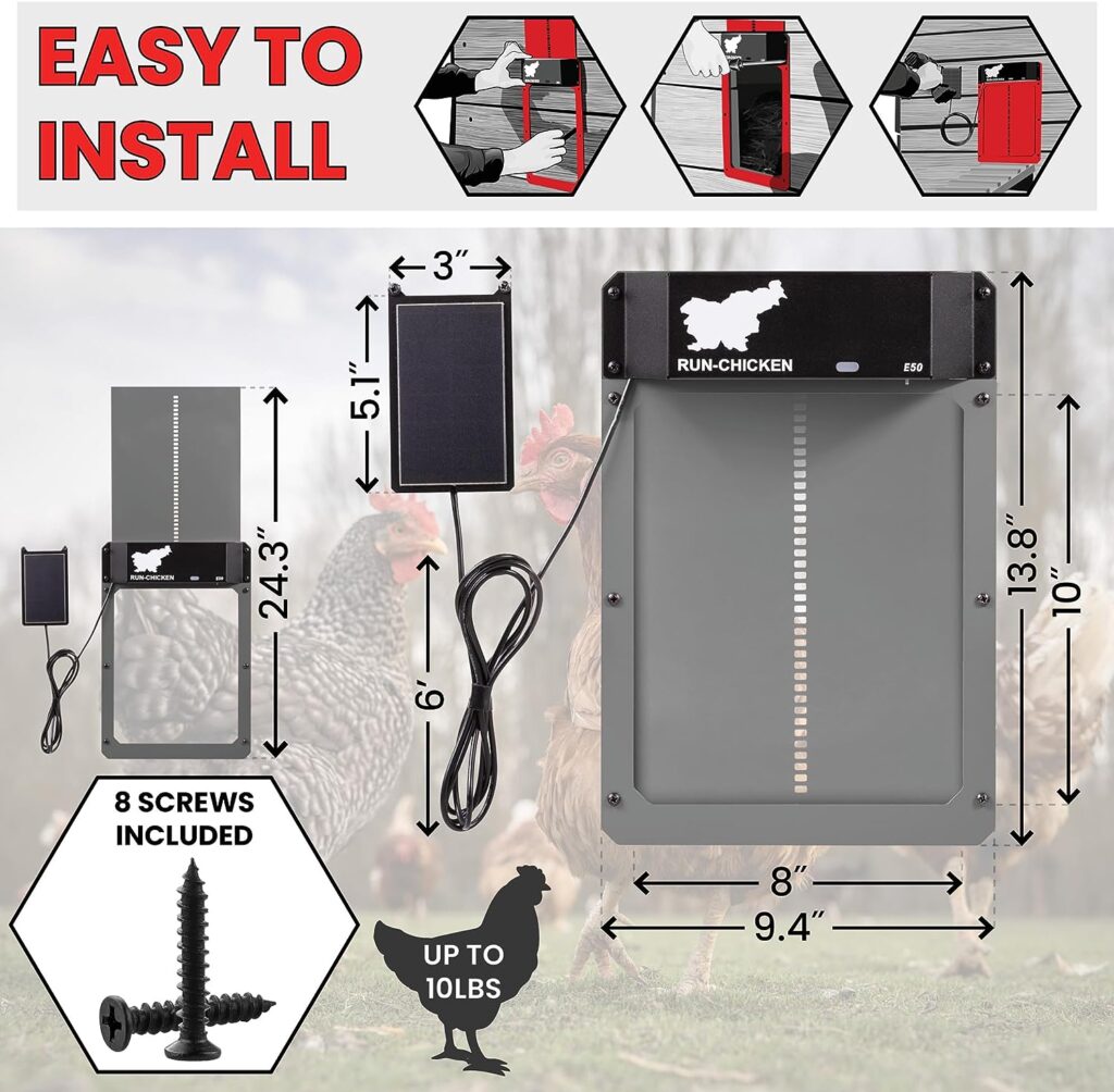 RUN-CHICKEN Solar Chicken Coop Door (Gray) Automatic Chicken Coop Door with Timer, Programmable, Battery Powered Coop Door, Chicken Door Opener, Aluminum Coop Door, Coop Control, Model E50