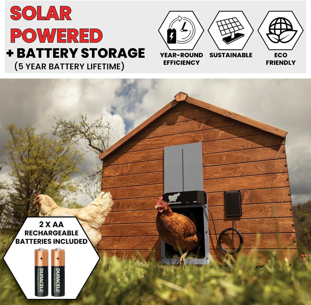 RUN-CHICKEN Solar Chicken Coop Door (Gray) Automatic Chicken Coop Door with Timer, Programmable, Battery Powered Coop Door, Chicken Door Opener, Aluminum Coop Door, Coop Control, Model E50