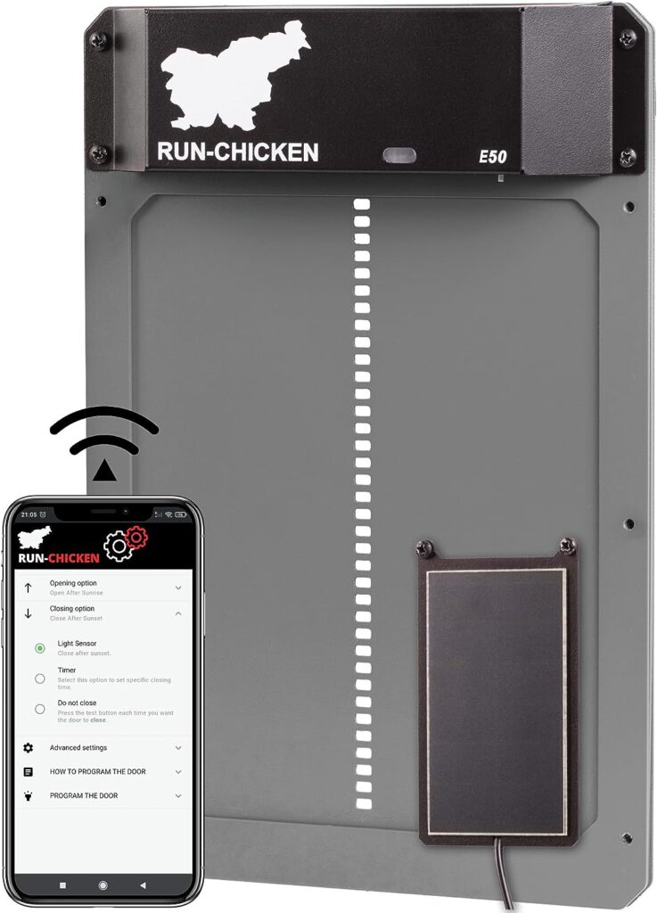 RUN-CHICKEN Solar Chicken Coop Door (Gray) Automatic Chicken Coop Door with Timer, Programmable, Battery Powered Coop Door, Chicken Door Opener, Aluminum Coop Door, Coop Control, Model E50