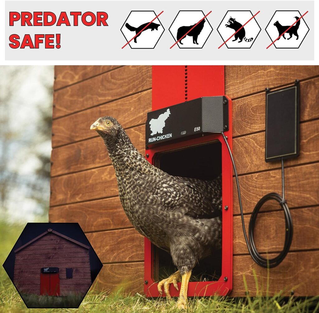 RUN-CHICKEN Solar Chicken Coop Door (Red) Automatic Chicken Coop Door with Timer, Programmable, Battery Powered Coop Door, Chicken Door Opener, Aluminum Coop Door, Coop Control, Model E50