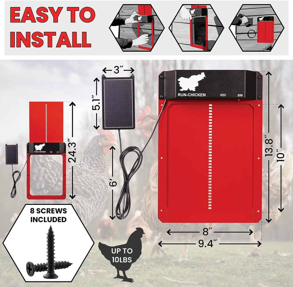 RUN-CHICKEN Solar Chicken Coop Door (Red) Automatic Chicken Coop Door with Timer, Programmable, Battery Powered Coop Door, Chicken Door Opener, Aluminum Coop Door, Coop Control, Model E50