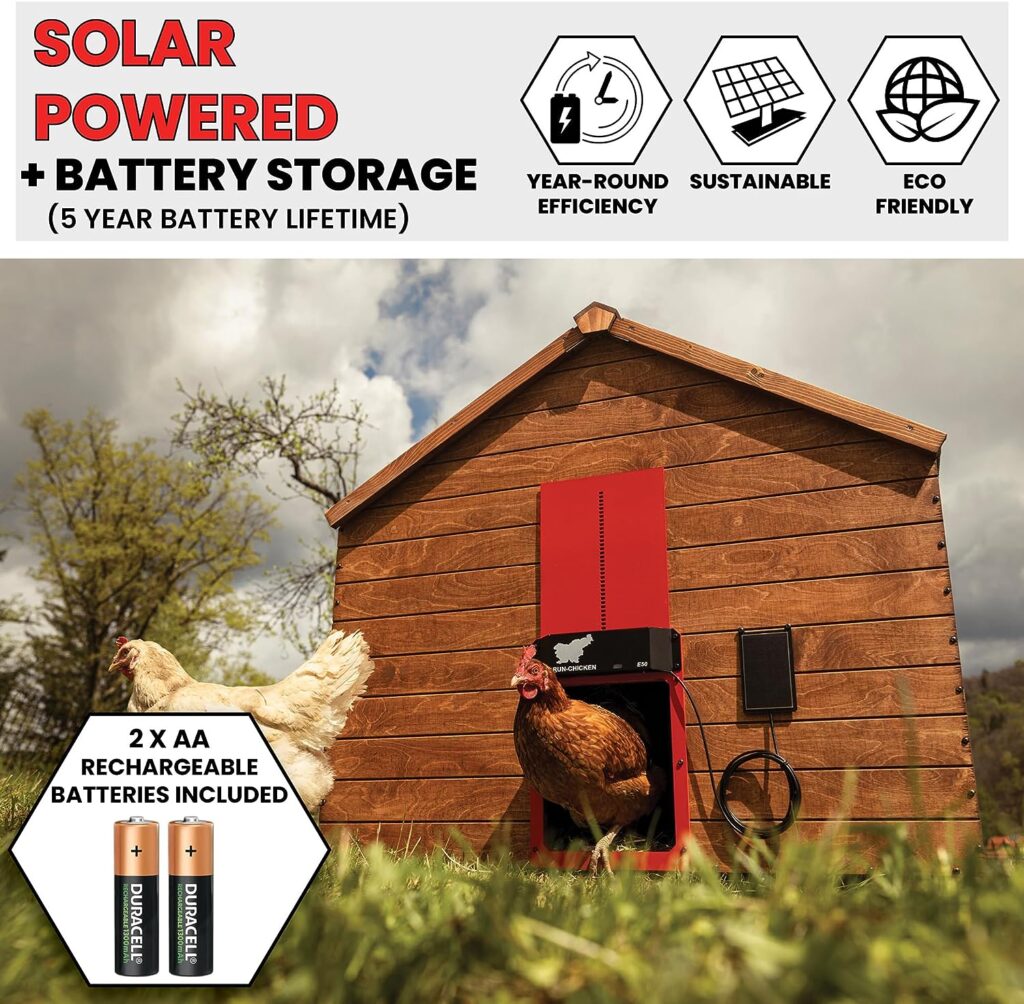 RUN-CHICKEN Solar Chicken Coop Door (Red) Automatic Chicken Coop Door with Timer, Programmable, Battery Powered Coop Door, Chicken Door Opener, Aluminum Coop Door, Coop Control, Model E50