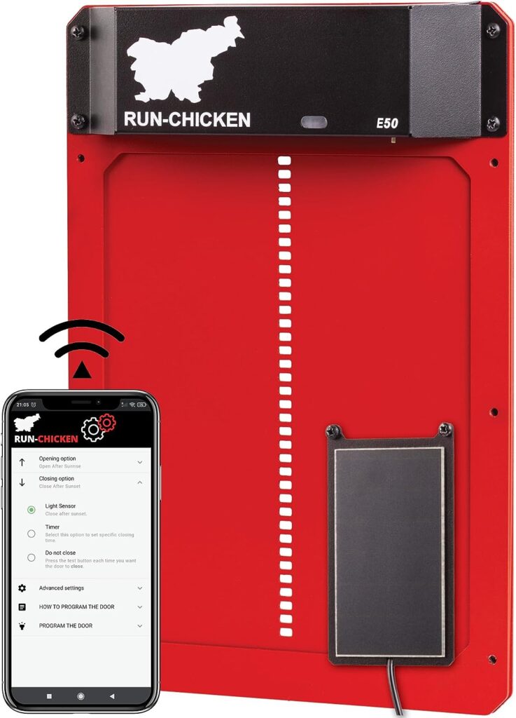 RUN-CHICKEN Solar Chicken Coop Door (Red) Automatic Chicken Coop Door with Timer, Programmable, Battery Powered Coop Door, Chicken Door Opener, Aluminum Coop Door, Coop Control, Model E50