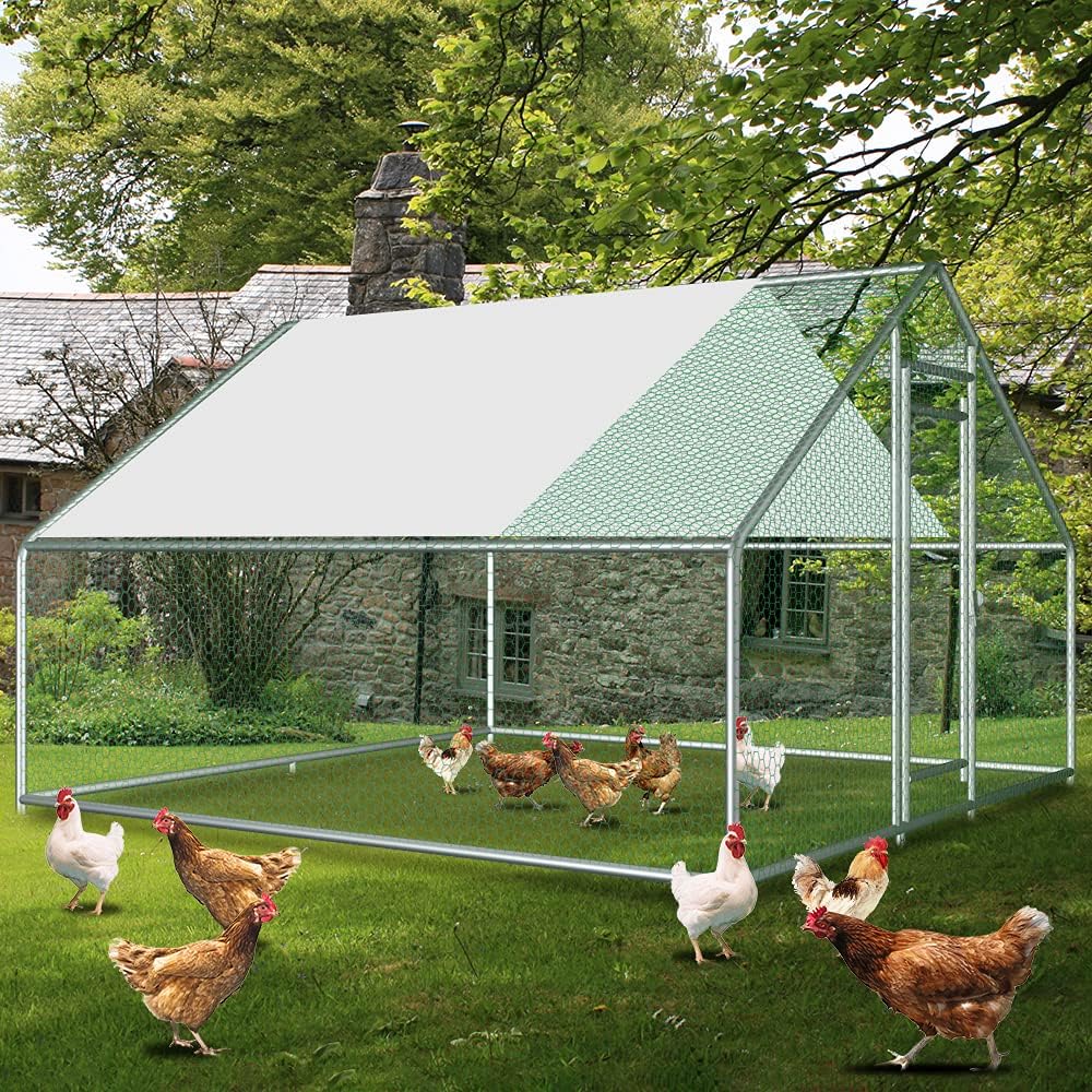 Xinhonglei Large Metal Chicken Run Coop Chicken Coop Spire Shaped, Outdoor Walk-in Hen Poultry Cage with Waterproof Cover for Backyard, 9.8ftx9.8ft