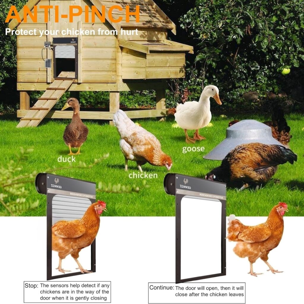 Automatic Chicken Coop Door, GENNIZZ Solar Powered Chicken Coop Door Opener, LCD Screen Display, Anti-Pinch, Full Aluminum Alloy, Weatherproof Coop Door