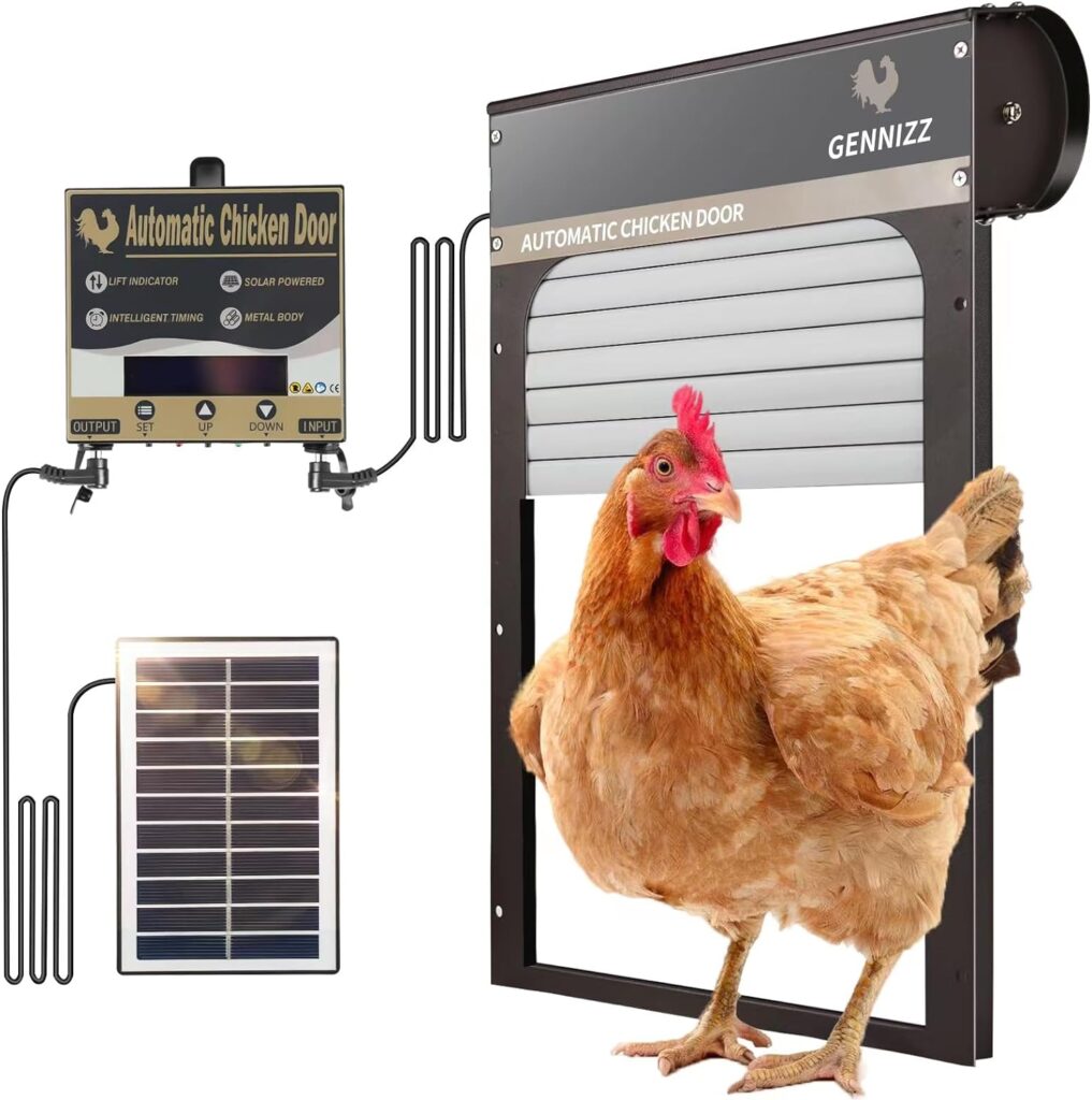 Automatic Chicken Coop Door, GENNIZZ Solar Powered Chicken Coop Door Opener, LCD Screen Display, Anti-Pinch, Full Aluminum Alloy, Weatherproof Coop Door
