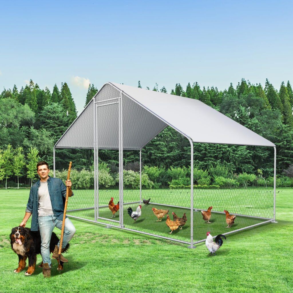 Belinova Large Metal Chicken Coop Walk-in Poultry Cage Spire Shaped Coop with Waterproof  Anti-UV Cover, Galvanized Steel Coops for Chicken Rabbits Duck（63.7 Square Feet）