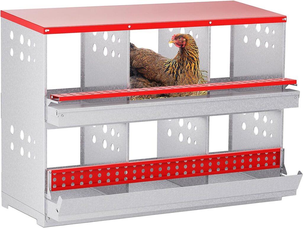 Chicken Nesting Box, MATHOWAL 6 Compartments Metal Chicken Laying Box with Roll Away Egg Collection and Perch, Rust Proofed Wall Mount Poultry Nesting Box for Hens