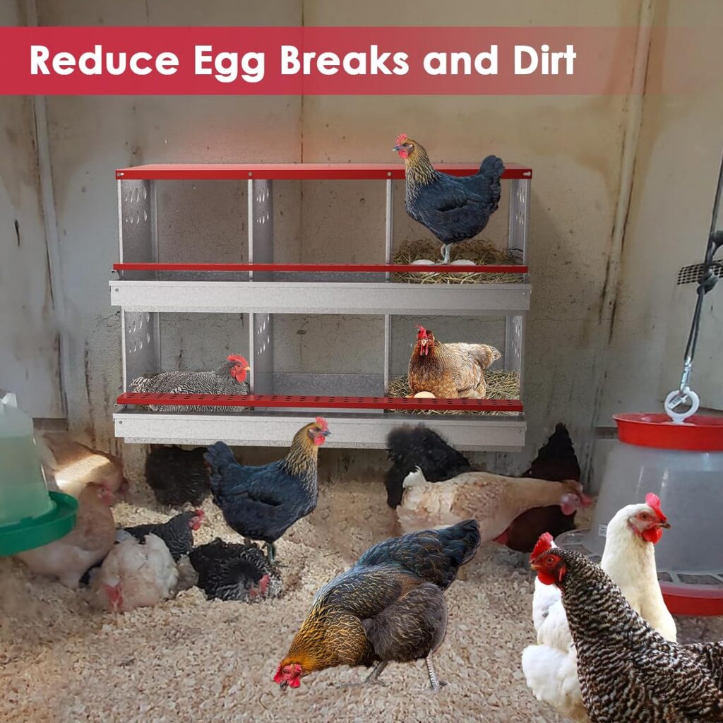 Chicken Nesting Box, MATHOWAL 6 Compartments Metal Chicken Laying Box with Roll Away Egg Collection and Perch, Rust Proofed Wall Mount Poultry Nesting Box for Hens