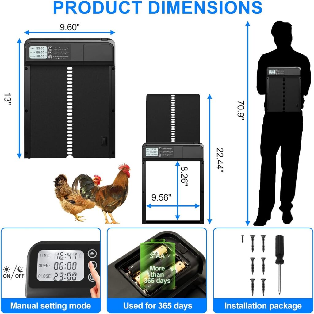 Hyspovian Durable Automatic Chicken Coop Door with Timer, Anti-Pinch Programs, LCD Screen, Low Battery Warning, Bonus Installation Tools, Automatic Coop Door for Most Poultry