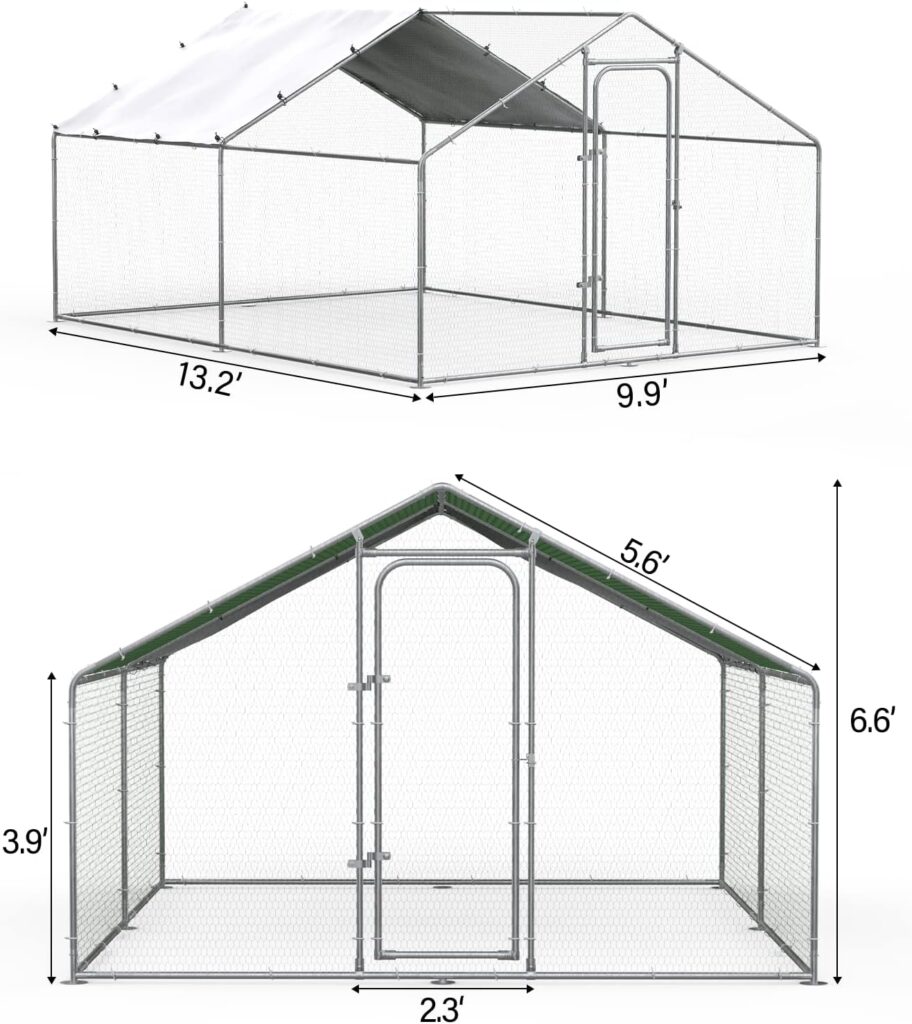 Large Metal Chicken Coop Chicken Run for Yard Chicken Pen Outdoor Walk-in Chicken House Heavy Duty Poultry Cage with Waterproof and Anti-UV Cover for Farm Use (9.9 L x 13.2 W x 6.6 H)