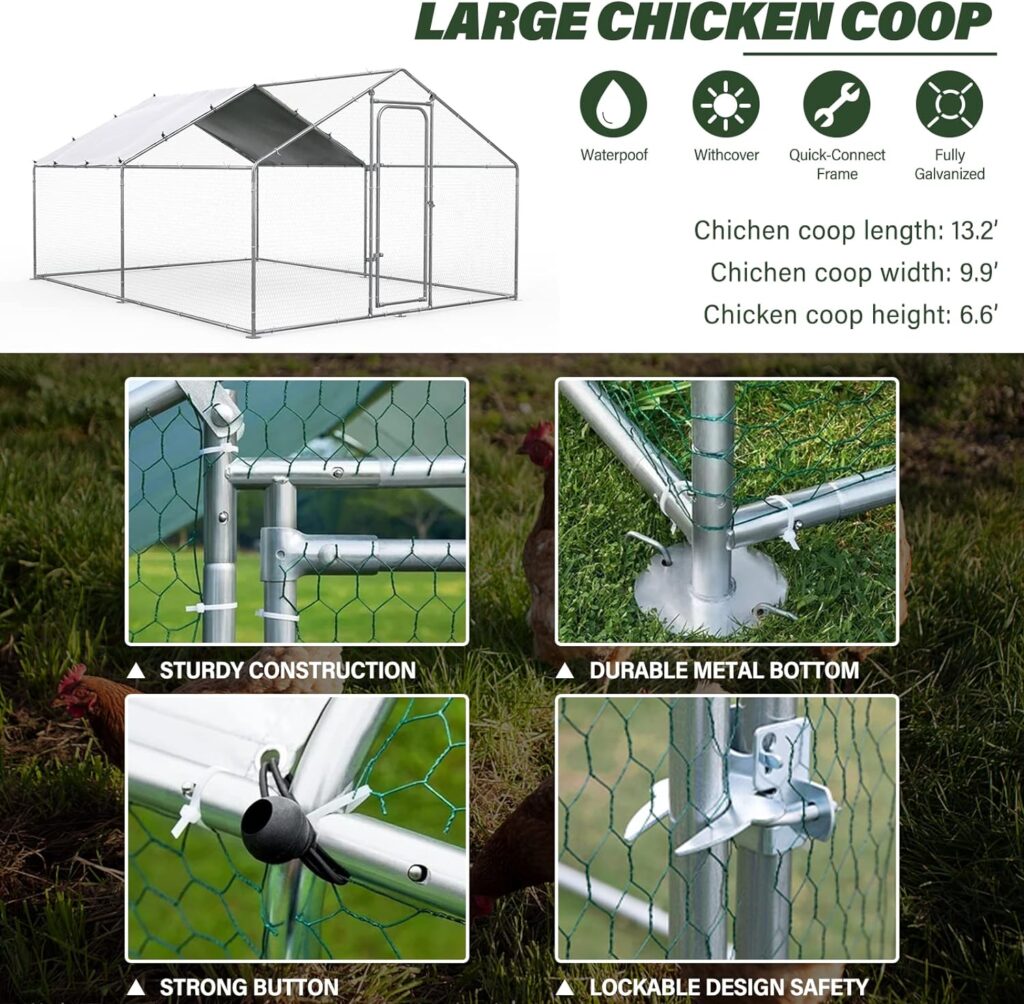 Large Metal Chicken Coop Chicken Run for Yard Chicken Pen Outdoor Walk-in Chicken House Heavy Duty Poultry Cage with Waterproof and Anti-UV Cover for Farm Use (9.9 L x 13.2 W x 6.6 H)