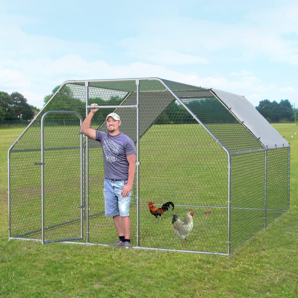 LEMBERI Large Metal Chicken Runs for Yard,Flat-roof Walk in Chicken coop cage for Outside,Galvanized Rabbits Duck and coops,Chicken Pen with Waterproof Cover for Outdoor,Backyard and Farm